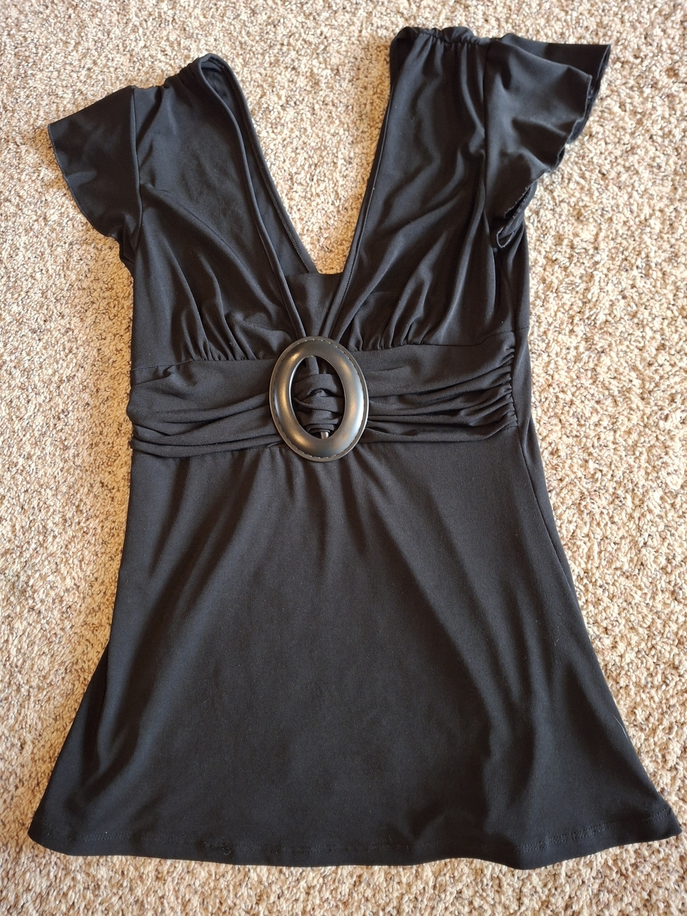 Speechless Black V-Neck Flutter Sleeve Top with Decorative Ring